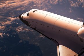 Space Shuttle Orbiting Earth. 3D Scene.