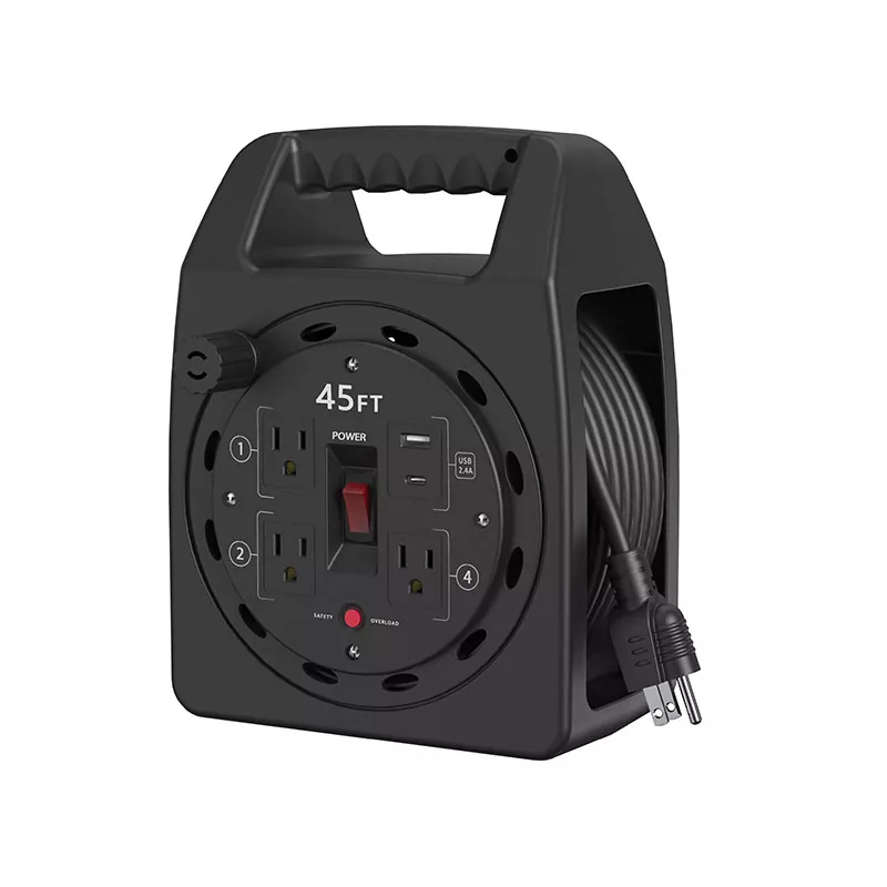 3 Outlets Usb2.4a Plastic Cord Reel 45ft With Overload Protection